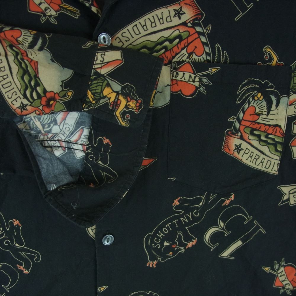 schott ショット 3115054 HAWAIIAN LS SHIRT TATTOO ハワイアン タトゥー オープンカラー 長袖 シャツ ブラック系 L【中古】