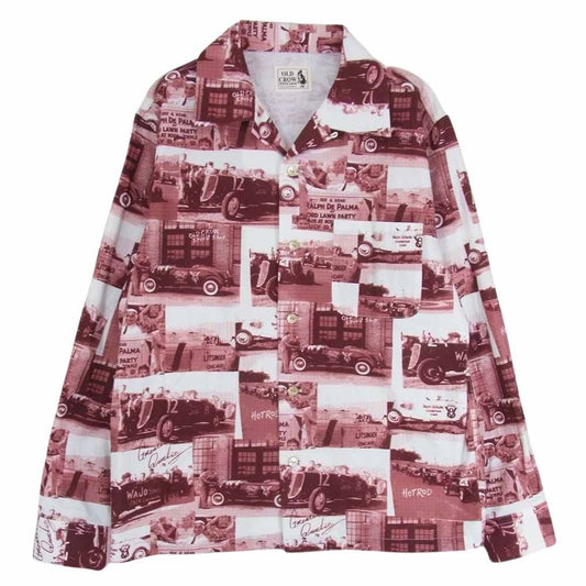 オールドクロウ OC-20-SS-07 プリント 総柄 オープンカラー シャツ 長袖 エンジ系 M【中古】