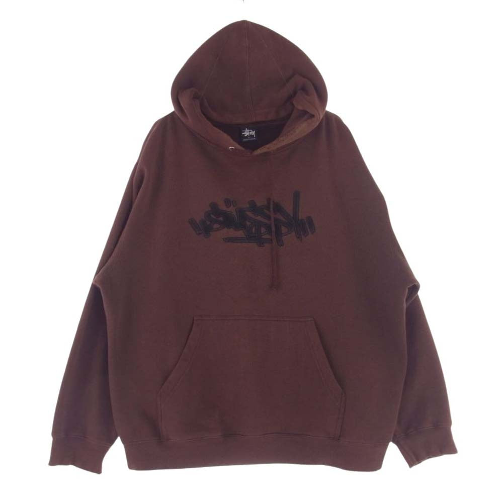 STUSSY ステューシー 90s 紺タグ OLD STUSSY 反転 フロッキー ワッペン プルオーバー パーカー ブラウン系 L【中古】