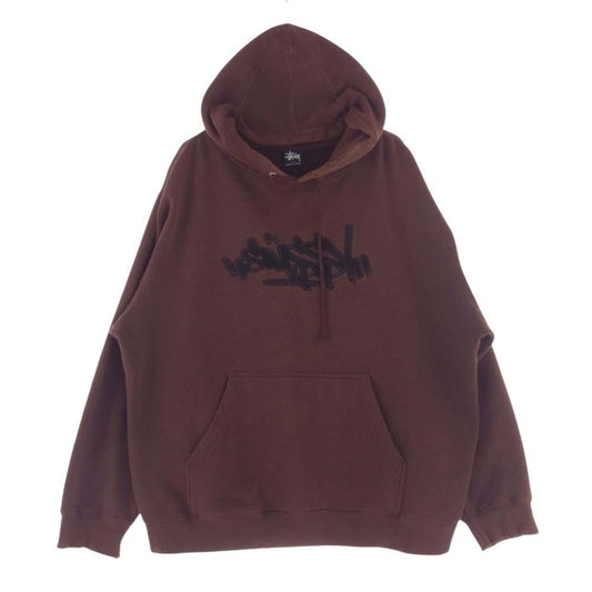 STUSSY ステューシー 90s 紺タグ OLD STUSSY 反転 フロッキー ワッペン プルオーバー パーカー ブラウン系 L【中古】