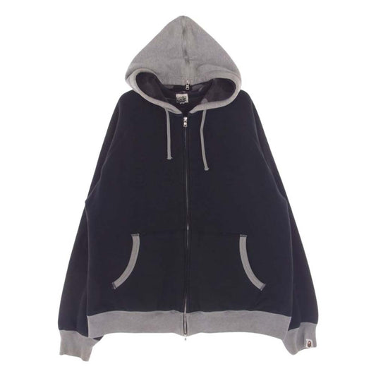 A BATHING APE アベイシングエイプ 日本製 BAPE 胸ロゴ刺繍 長袖 総裏 カモフラ サーマル フルジップパーカー  ブラック系 グレー系 L【中古】