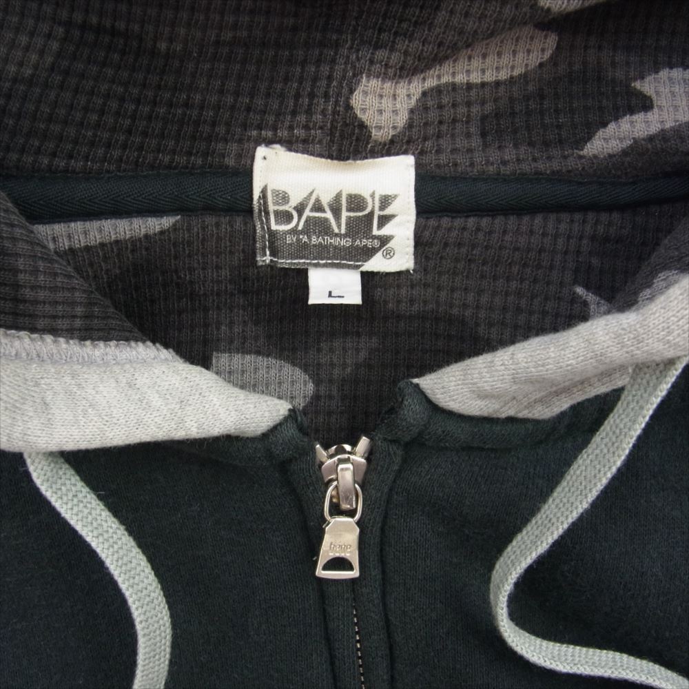 A BATHING APE アベイシングエイプ 日本製 BAPE 胸ロゴ刺繍 長袖 総裏 カモフラ サーマル フルジップパーカー  ブラック系 グレー系 L【中古】