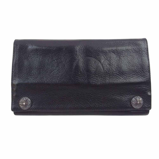 CHROME HEARTS クロムハーツ（原本無） LONG WALLET グリーシー クロスボタン レザー ロング ウォレット ブラック系【中古】