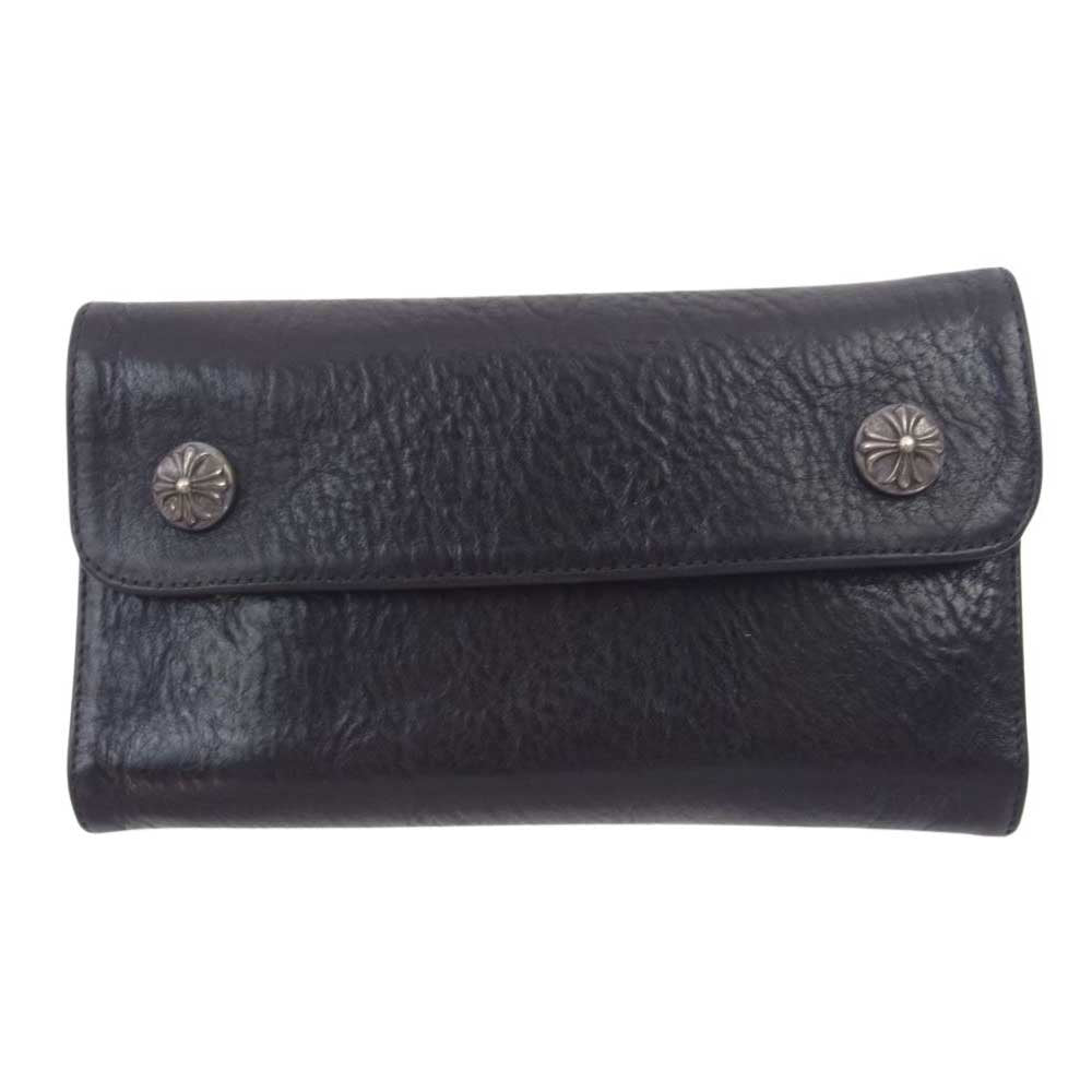 CHROME HEARTS クロムハーツ（原本無） WAVE WALLET CROSS BUTTON ウェーブ ウォレット クロスボタン レザー ロング ウォレット ブラック系【中古】