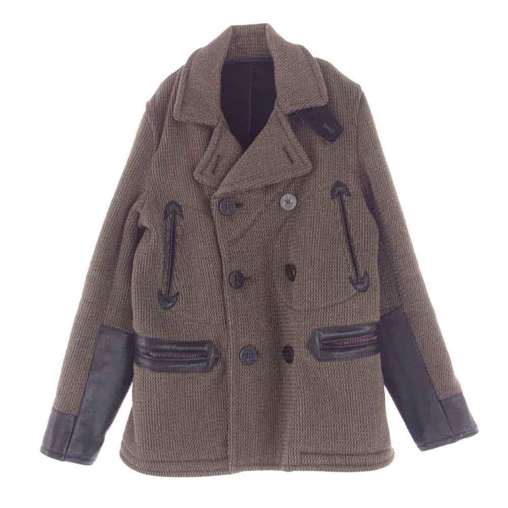 LOST CONTROL ロストコントロール L11F3-4151 Double Melton P Coat レザー切替 アローポケット ダブル メルトン ウール ビーチクロス ピーコート ブラウン系 3【中古】