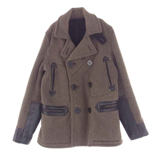 LOST CONTROL ロストコントロール L11F3-4151 Double Melton P Coat レザー切替 アローポケット ダブル メルトン ウール ビーチクロス ピーコート ブラウン系 3【中古】