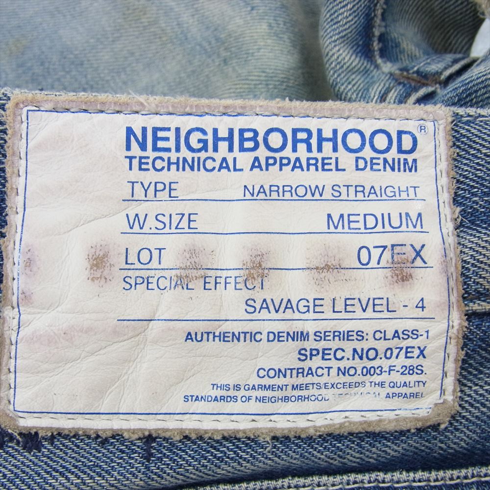 NEIGHBORHOOD ネイバーフッド 07EX 003-F-28S Scab Savage LEVEL4 NARROW STRAIGHT サベージ ナローストレート セルビッジ ダメージ加工 デニム パンツ ミディアム インディゴブルー系 M【中古】