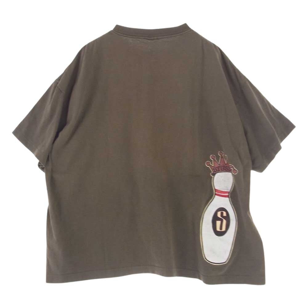 STUSSY ステューシー vintage 80s USA製 黒タグ ボウリングピン プリント Tシャツ カーキ系 XXL【中古】
