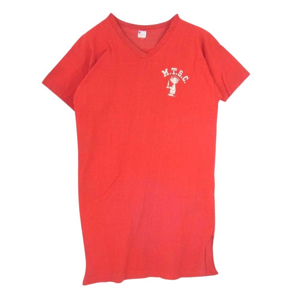 Champion チャンピオン Vintage ヴィンテージ 60s アメリカ製 大文字 ランタグ 後期 M.T.S.C. フロッキープリント 半袖 Vネック ロング Tシャツ レッド系 XL【中古】