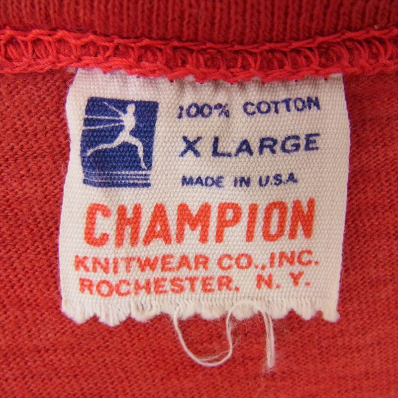 Champion チャンピオン Vintage ヴィンテージ 60s アメリカ製 大文字 ランタグ 後期 M.T.S.C. フロッキープリント 半袖 Vネック ロング Tシャツ レッド系 XL【中古】