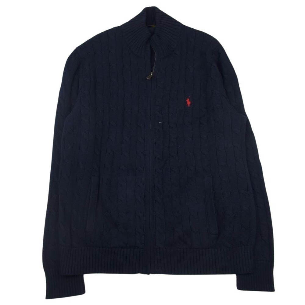POLO RALPH LAUREN ポロ・ラルフローレン ポニー刺繍 ケーブル編み コットン ドライバーズニット フルジップ カーディガン ネイビー系 XL【中古】