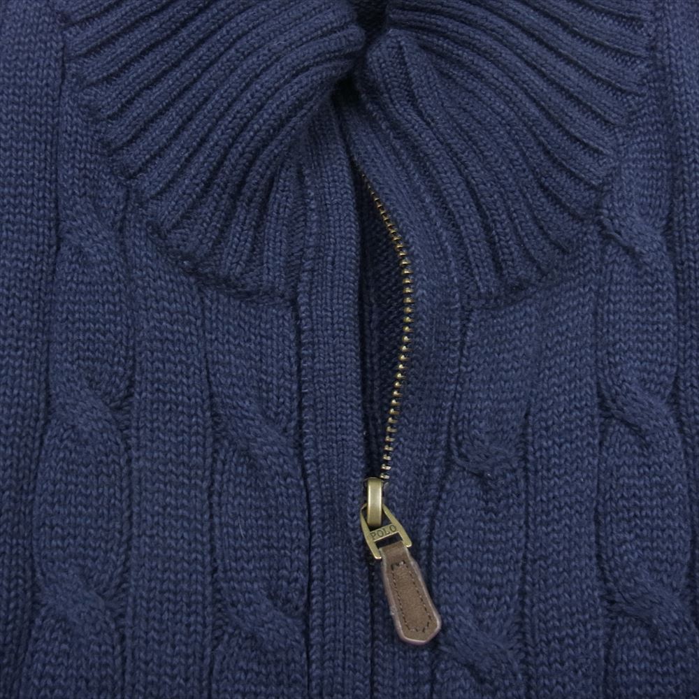 POLO RALPH LAUREN ポロ・ラルフローレン ポニー刺繍 ケーブル編み コットン ドライバーズニット フルジップ カーディガン ネイビー系 XL【中古】