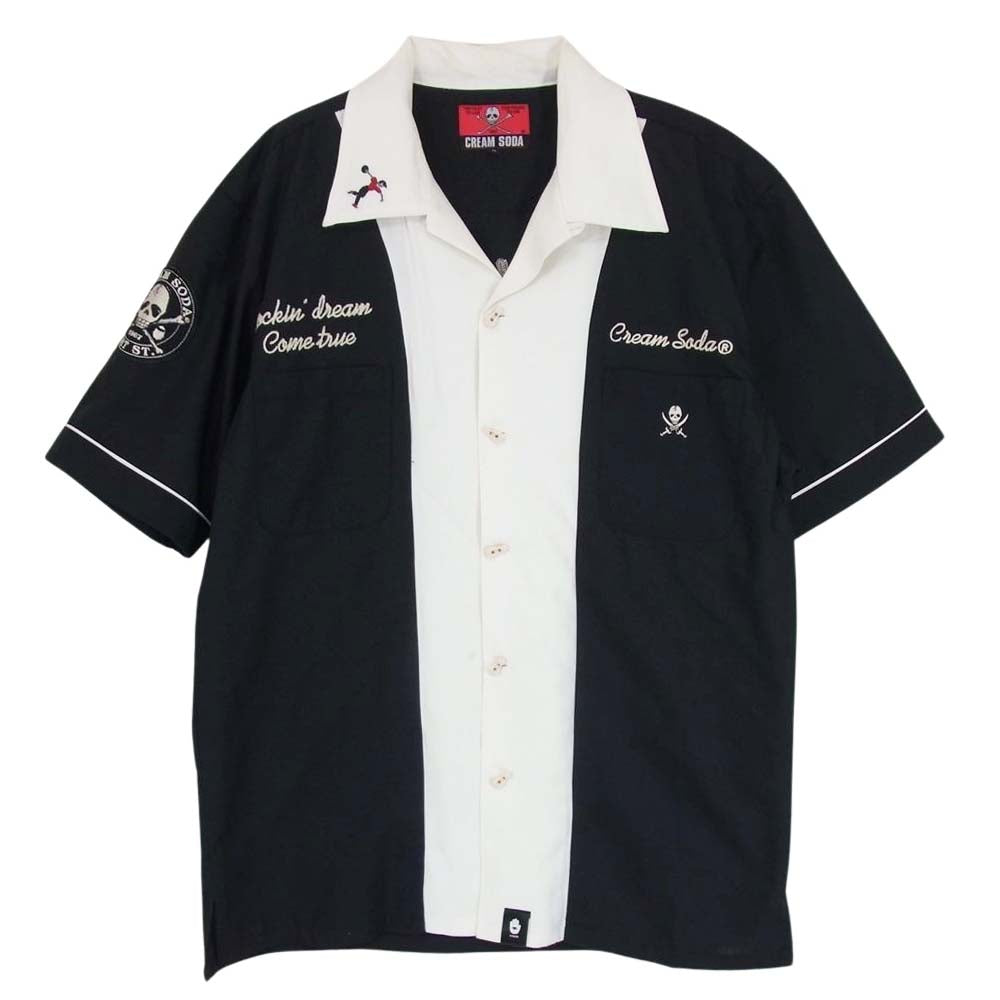 CREAM SODA クリームソーダ Classics スカル刺繍 半袖 レーヨン ボーリング オープンカラー シャツ ブラック系 L【中古】