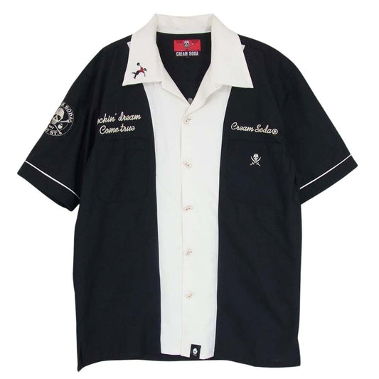 CREAM SODA クリームソーダ Classics スカル刺繍 半袖 レーヨン ボーリング オープンカラー シャツ ブラック系 L【中古】