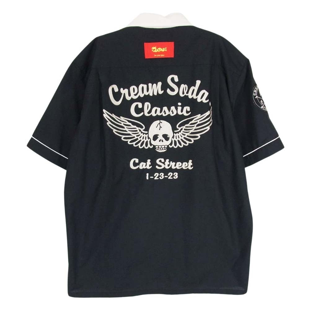 CREAM SODA クリームソーダ Classics スカル刺繍 半袖 レーヨン ボーリング オープンカラー シャツ ブラック系 L【中古】
