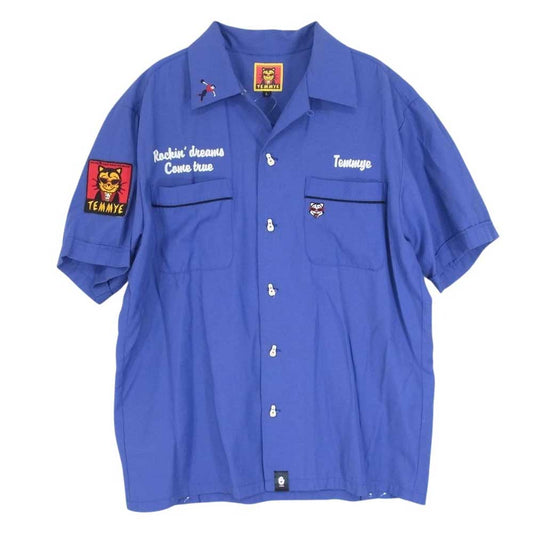 CREAM SODA クリームソーダ TEMMYEs BOWL テイミー 猫刺繍 半袖 レーヨン ボーリング オープンカラー シャツ ブルー ブルー系 L【中古】