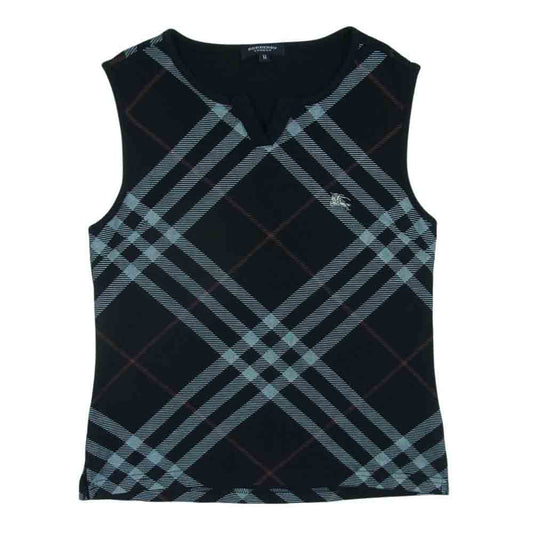 BURBERRY LONDON バーバリー ロンドン ロゴ刺繍 チェック柄 スキッパ― ベスト ブラック系 M【中古】