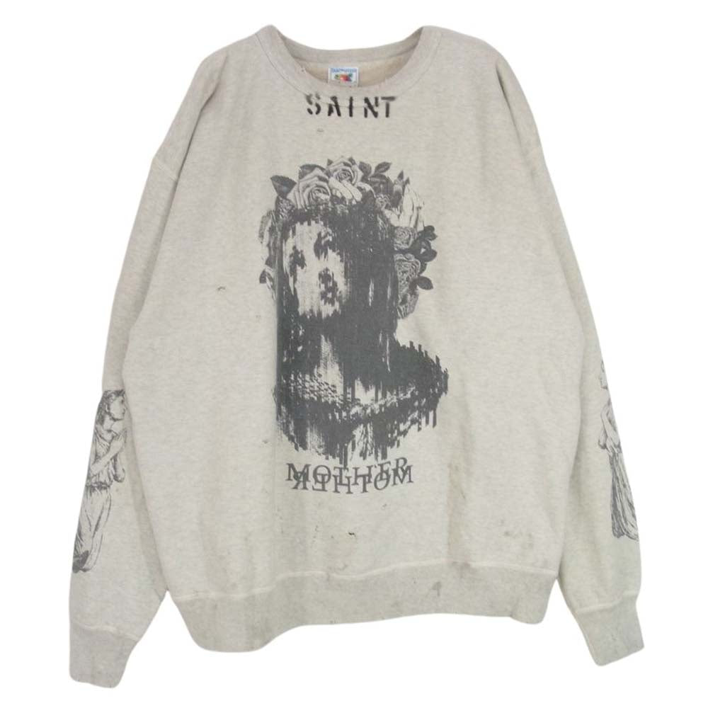 SAINT MICHAEL セントマイケル 23SS SM-S23-0000-095 × KAWAMURA KOSUKE 河村康輔 SAINT Mxxxxxx MOTHER ダメージ加工 クルー ネック スウェット シャツ  グレー系 XL【中古】