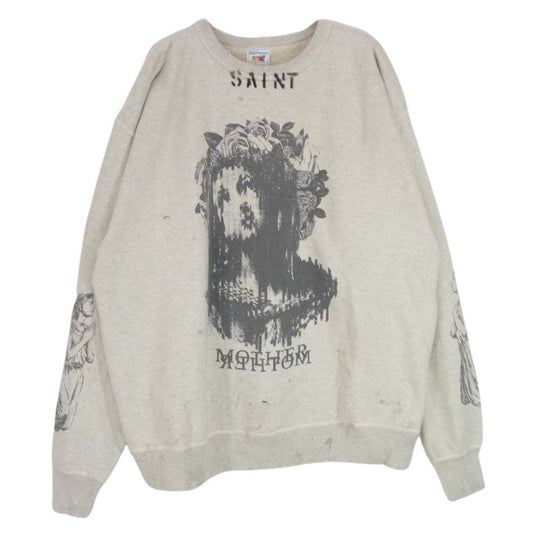 SAINT MICHAEL セントマイケル 23SS SM-S23-0000-095 × KAWAMURA KOSUKE 河村康輔 SAINT Mxxxxxx MOTHER ダメージ加工 クルー ネック スウェット シャツ  グレー系 XL【中古】
