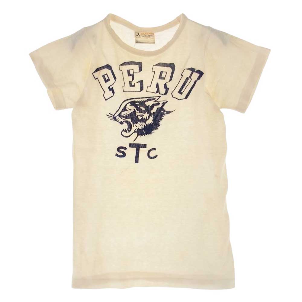 Champion チャンピオン ヴィンテージ 40s プリティー ランナーズタグ デカタグ 胸PERU STC動物 フロッキープリント 半袖Tシャツ オフホワイト系 34【中古】