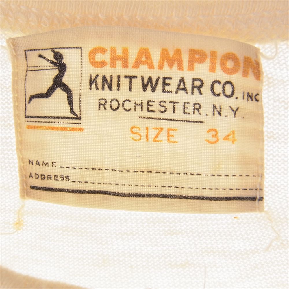 Champion チャンピオン ヴィンテージ 40s プリティー ランナーズタグ デカタグ 胸PERU STC動物 フロッキープリント 半袖Tシャツ オフホワイト系 34【中古】