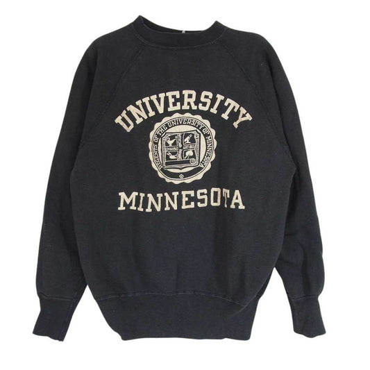 Champion チャンピオン ヴィンテージ 60s 大文字ランタグ 前期 UNIVERSITY MINESOTA フロッキープリント ラグラン スウェット 黒系 ブラック系 M【中古】