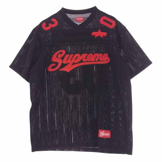 Supreme シュプリーム 21SS Mesh Stripe Football Jersey メッシュ ストライプ フットボール ジャージ ロゴワッペン Vネック 半袖 Tシャツ カットソー ブラック系 L【中古】