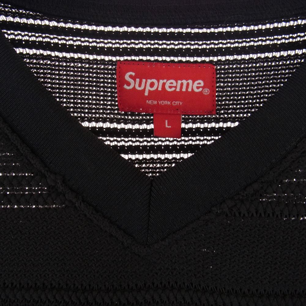 Supreme シュプリーム 21SS Mesh Stripe Football Jersey メッシュ ストライプ フットボール ジャージ ロゴワッペン Vネック 半袖 Tシャツ カットソー ブラック系 L【中古】