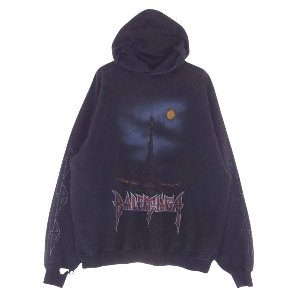 BALENCIAGA バレンシアガ 23AW 744462 TQUX7 PARIS MOON OVERSIZED POCKET HOODIE パリス ムーン デストロイ加工 オーバーサイズ ポケット フーディー  パーカー ブラック系 １【中古】