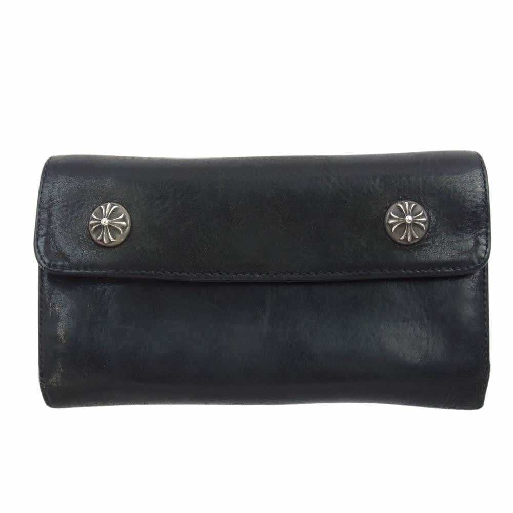 CHROME HEARTS クロムハーツ（原本無） WAVE CROSS BALL ウェーブ クロスボールボタン レザー ウォレット 長財布 ブラック系【中古】