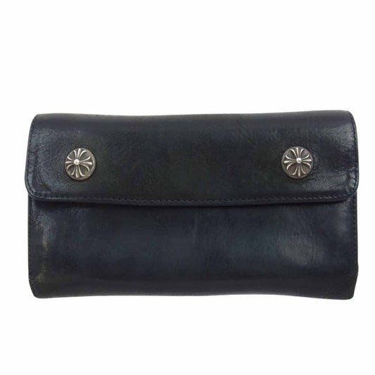 CHROME HEARTS クロムハーツ（原本無） WAVE CROSS BALL ウェーブ クロスボールボタン レザー ウォレット 長財布 ブラック系【中古】
