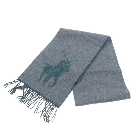 POLO RALPH LAUREN ポロ・ラルフローレン BIG PONY JACQUARD SCARF ビッグポニーロゴジャカード フリンジ マフラー スカーフ ストール グレー系 グリーン系【極上美品】【中古】