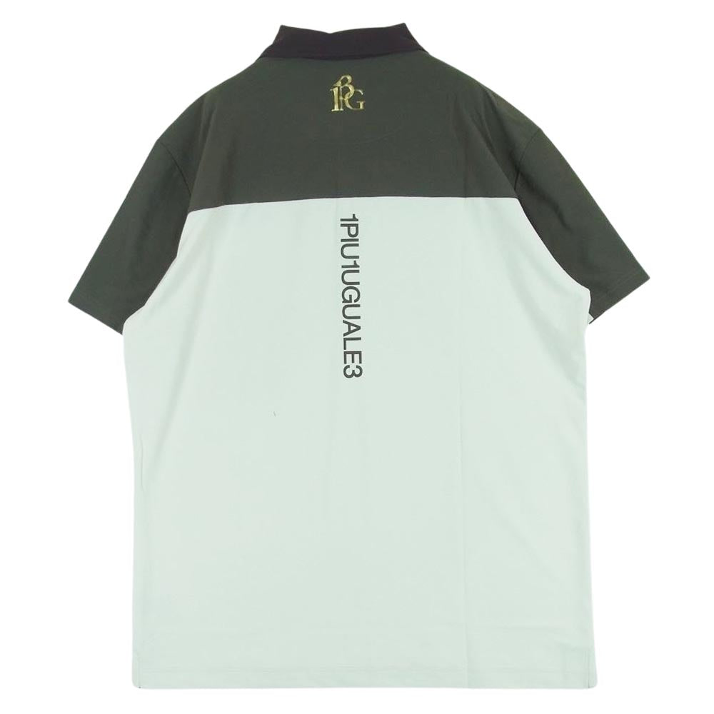 1piu1uguale3 ウノピュウノウグァーレトレ GRT092 POE333 GOLF ゴルフ CHEST SWITCHED S/S POLO 金折り鶴ロゴ 切替 カラーブロック 半袖 ポロシャツ オフホワイト系 カーキ系 6【美品】【中古】