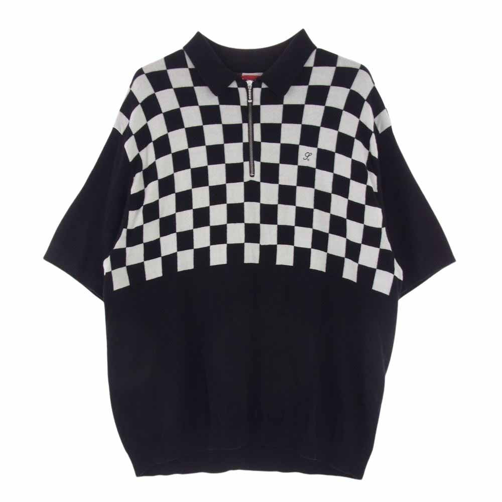 Supreme シュプリーム 22SS checkerboard zip polo チェッカーボード ハーフジップ 半袖 ニット ポロシャツ ブラック系 ホワイト系 L【中古】