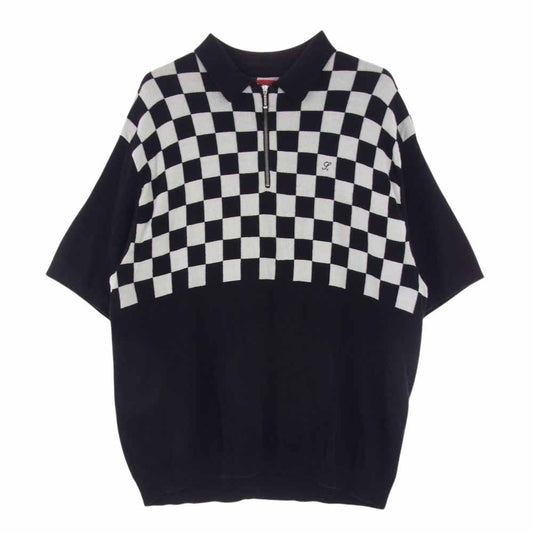 Supreme シュプリーム 22SS checkerboard zip polo チェッカーボード ハーフジップ 半袖 ニット ポロシャツ ブラック系 ホワイト系 L【中古】