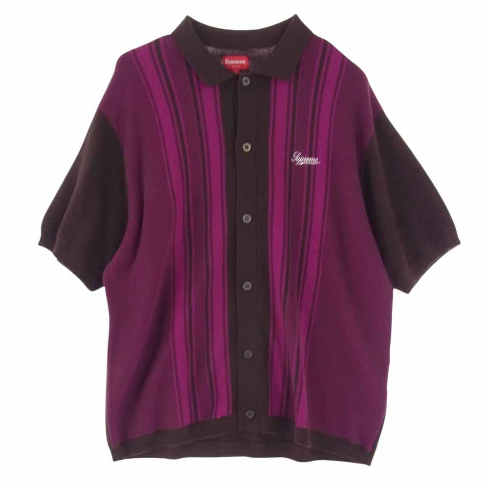 Supreme シュプリーム 22SS Stripe Button Up Polo ストライプ ボタン アップ ニット 半袖 ポロシャツ パープル系 L【極上美品】【中古】