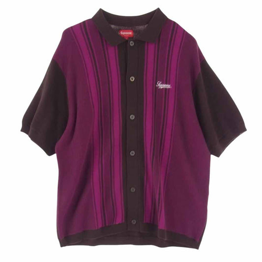 Supreme シュプリーム 22SS Stripe Button Up Polo ストライプ ボタン アップ ニット 半袖 ポロシャツ パープル系 L【極上美品】【中古】