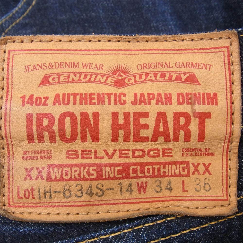 IRON HEART アイアンハート IH-634S-14 14oz セルビッチ ボタンフライ デニム ストレート レザーパッチ 裾ダブルステッチ インディゴブルー系 34【中古】