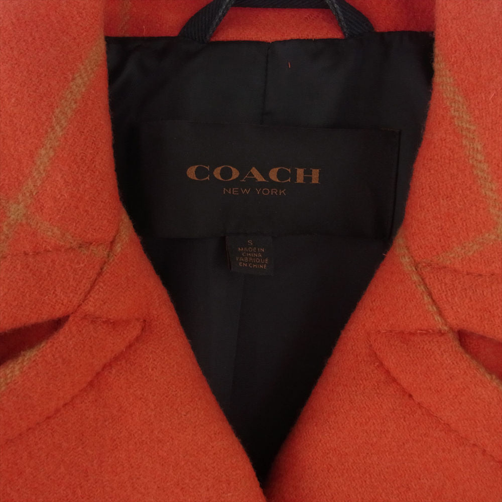 COACH コーチ ピーコート Pコート ダブル ウール ジャケット チェック柄 オレンジ系 S【中古】