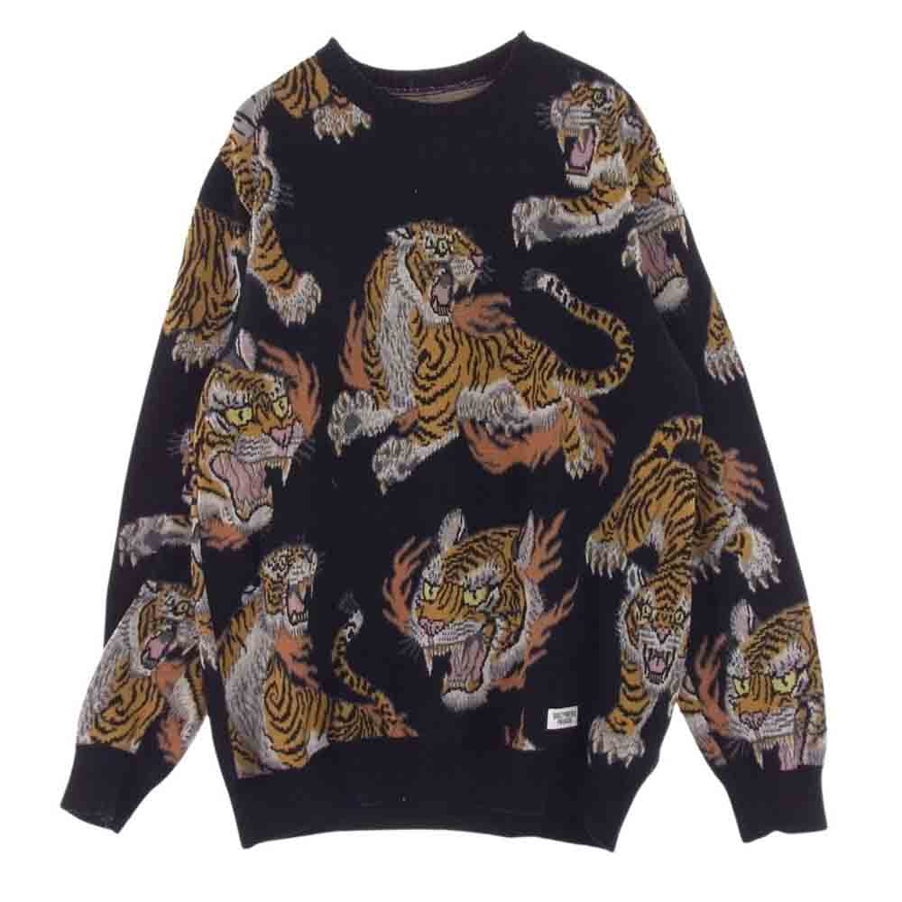 WACKO MARIA ワコマリア 19AW × TIM LEHI ティムリーハイ JACQUARD CREW NECK ジャガード クルーネック タイガー 虎 総柄 ニット セーター ブラック系 M【中古】