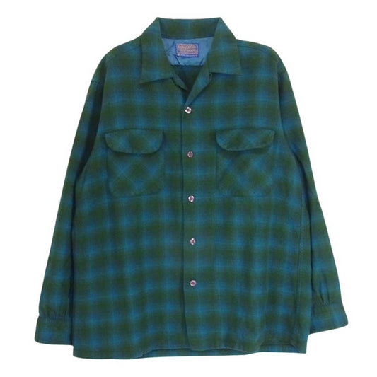 PENDLETON ペンドルトン 60s ヴィンテージ オープンカラー オンブレ チェック ウール シャツ グリーン系 L【中古】