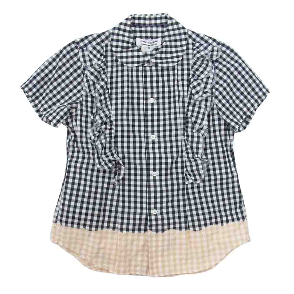 COMME des GARCONS コムデギャルソン AD2008 RC-B017  脱色加工ギンガムチェック フリル ラウンドカラー 丸襟 半袖 シャツ ブラック系 XS【中古】