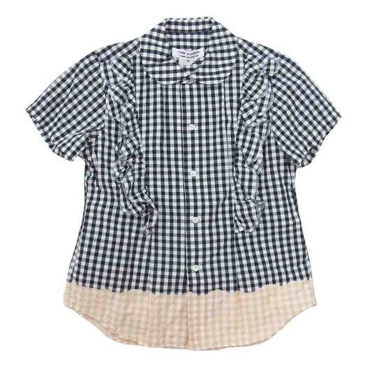 COMME des GARCONS コムデギャルソン AD2008 RC-B017  脱色加工ギンガムチェック フリル ラウンドカラー 丸襟 半袖 シャツ ブラック系 XS【中古】