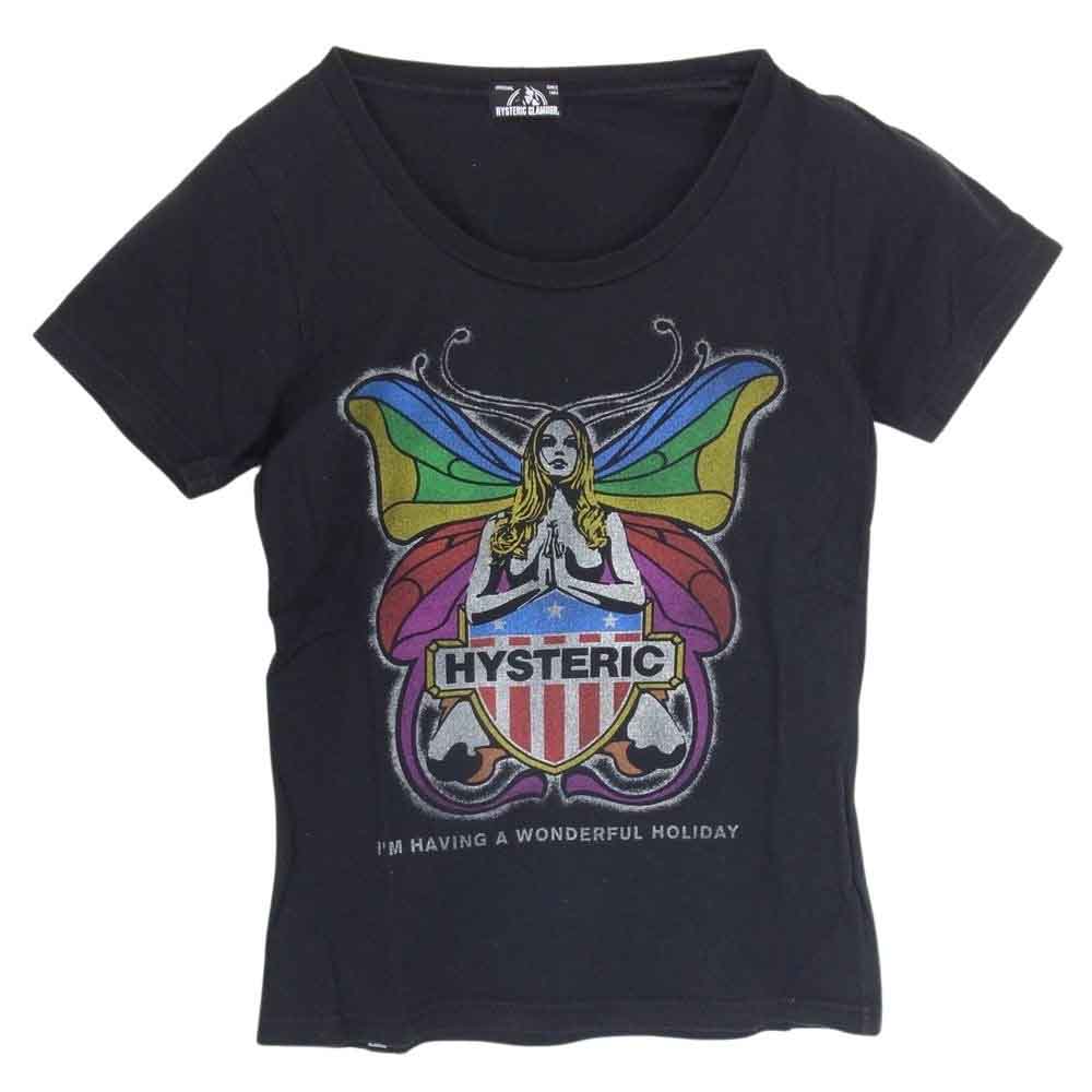 HYSTERIC GLAMOUR ヒステリックグラマー 0161CT13 HYS BUTTERFLY pt T-SH ガール バタフライ プリント 半袖 Tシャツ ブラック系 FREE【中古】