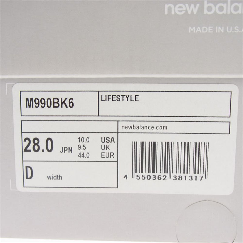 NEW BALANCE ニューバランス M990BK6 USA製 996v6 スエード メッシュ ランニング スニーカー ブラック系 28cm【極上美品】【中古】