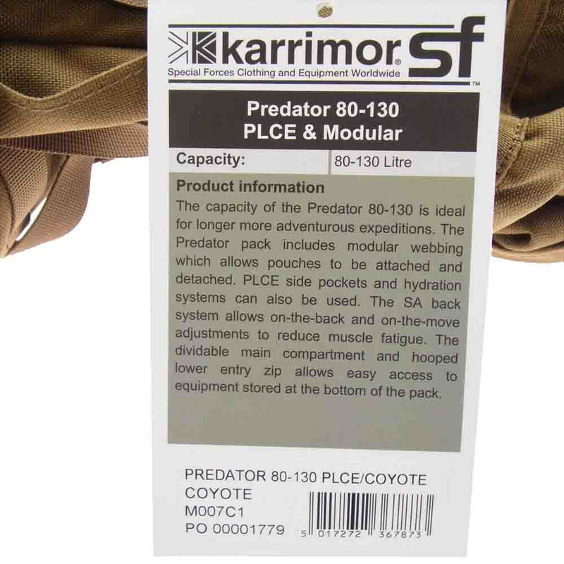 Karrimor カリマー SF predator 80-130 PLCE Modular COYOTE  スペシャルフォース プレデター バックパック リュック カーキ系【新古品】【未使用】【中古】