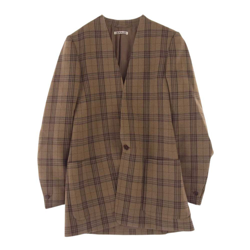 AURALEE オーラリー 19AW A9AJ05SC WOOL SERGE CHECK NO COLLAR JACKET ウール サージ チェック ノーカラー ジャケット ブラウン系 size0【美品】【中古】