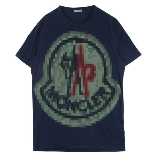 MONCLER モンクレール B10918007450 国内正規品 MAGLIA T-SHIRT モザイクロゴプリント マリア クルーネック 半袖 Tシャツ ネイビー系 L【中古】