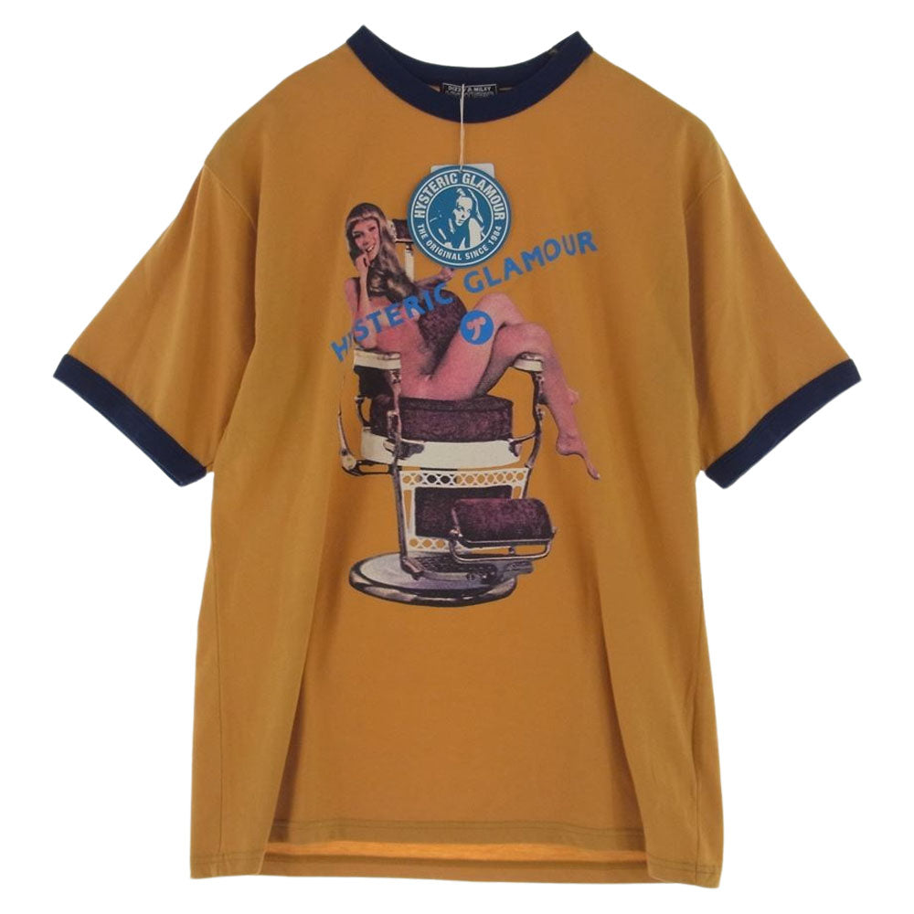 HYSTERIC GLAMOUR ヒステリックグラマー 02241CT17 HYSTERIC HAIR CUT 半袖 リンガー Tシャツ イエロー系 ネイビー系 L【極上美品】【中古】