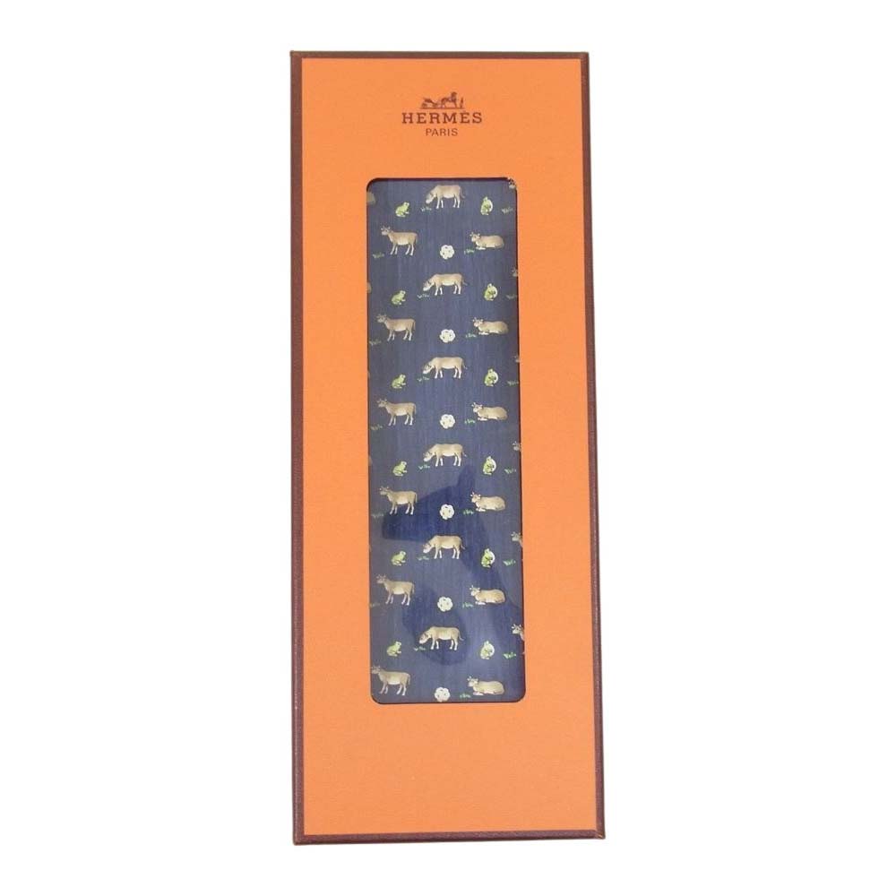 HERMES エルメス アニマル柄 ネクタイ シルク フランス製 総柄 ネイビー系【美品】【中古】